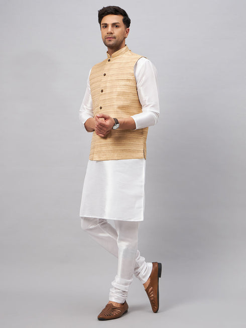 Vastramay Men's Beige Matka Silk Nehru Jacket With White Silk Blend Kurta Pyjama Set